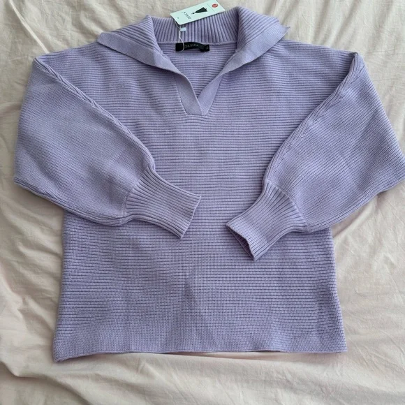 Zesica V-Neck Purple Ribbed Knit Lapel Collar Sweater - Picture 3 of 12